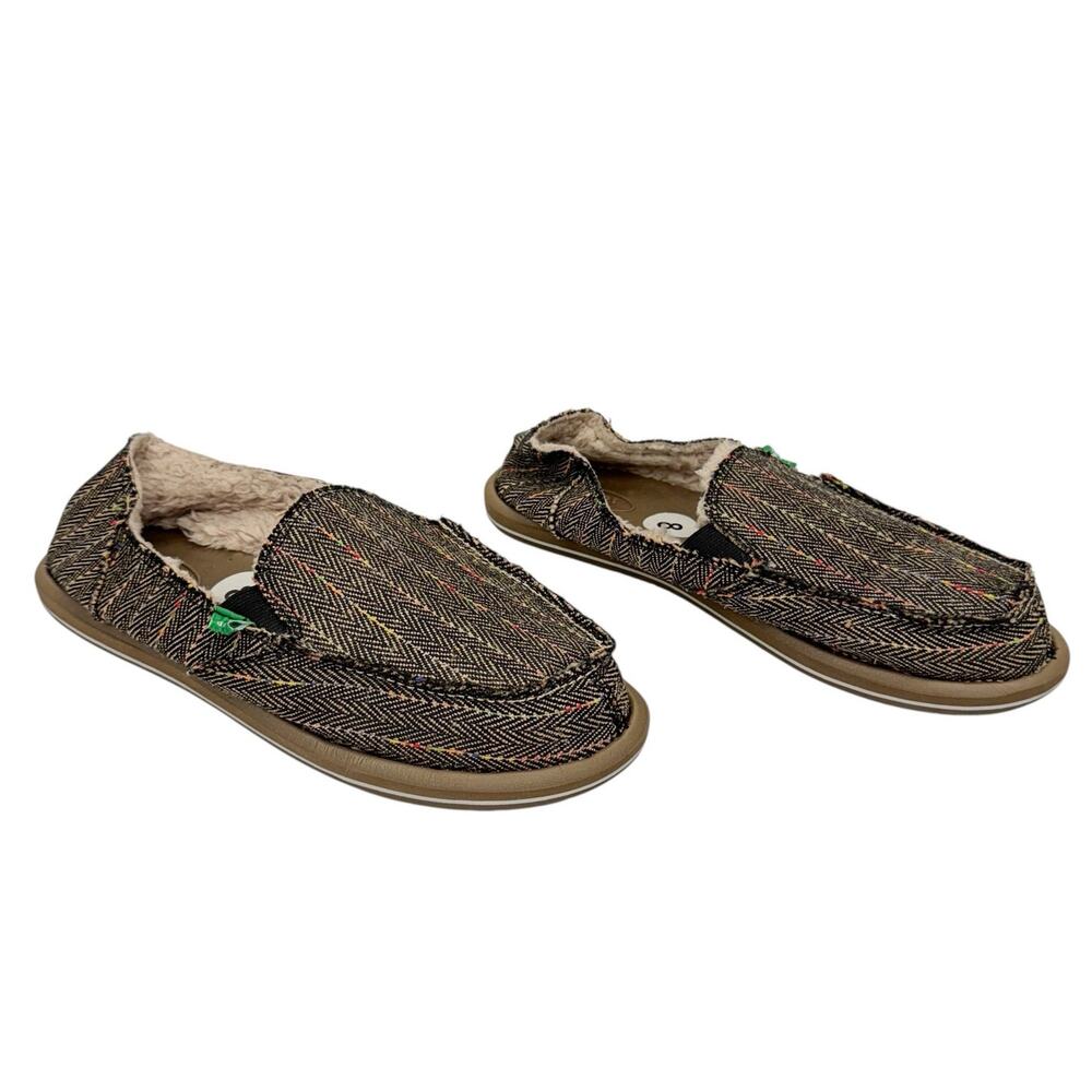 Sanuk Rasta Brown Colorful Tweed Stripped Faux Fur Slip On Loafer‎ Sz 8 Comfort